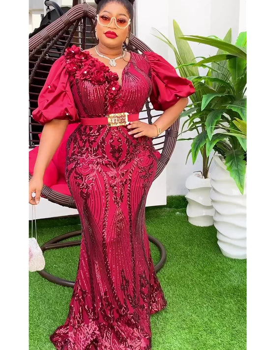 Plus Size African Party Dresses for Women Dashiki Ankara Sequin Wedding Evening Gown Sexy Bodycon Maxi Long Dress Africa Clothes Red