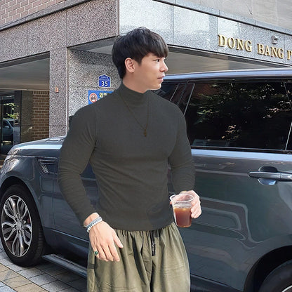 Autumn New Turtleneck T Shirts Men Knitting Shirt Slim Fit Fitness Elastic Clothes Long Sleeve T-Shirt Casual High Neck Tops Dark grey