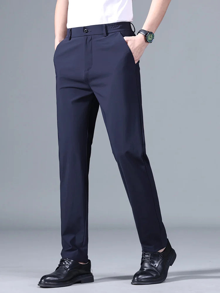 Men's Summer Stretch Suit Pants - Elastic Waist, Thin, Casual, Available in Black, Gray, Blue Blue