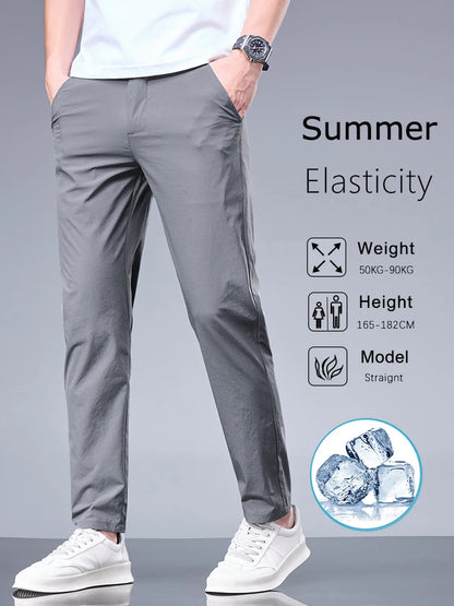 Summer New Business Ice Silk Pants Straight Elastic Waist Black Gray Trousers Breathable Simple Male Clothing Casual Suit Pants