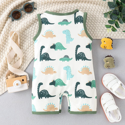 Summer 0-2 Year Old Baby Soft And Comfortable Beautiful Children's Fun Fashion Green Dinosaur Print Onesie