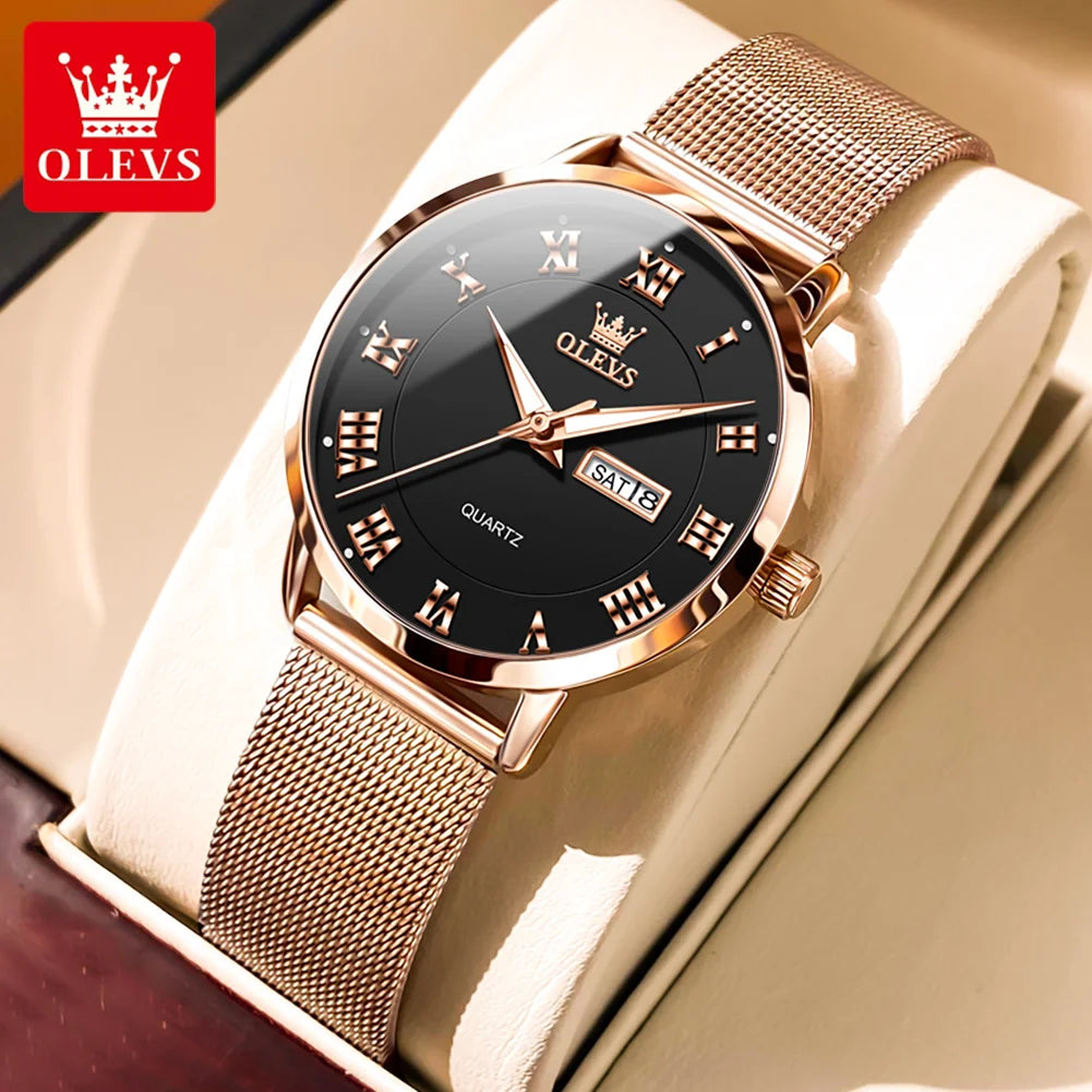 OLEVS Luxury Women's Quartz Watch | Week Calendar, Waterproof, Luminous, Milanese Mesh Belt black CHINA