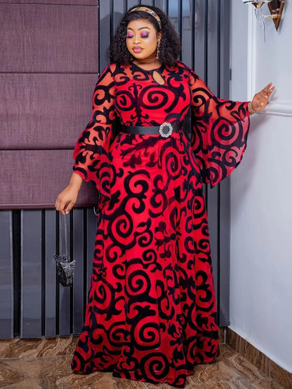 Long Sleeve Chiffon Dresses For Women African Dashiki Print Robe Dubai Abayas Wedding Party Birthday Gown 2024 Spring Clothing Red