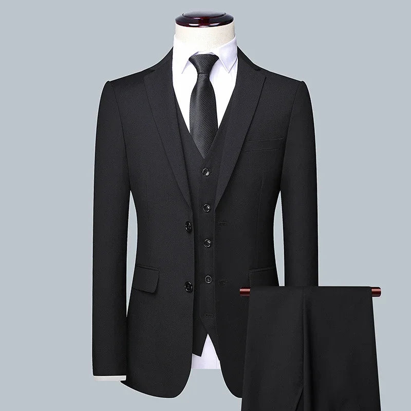 High Quality 3-Piece Suit Set for Men - Blazer, Waistcoat, and Trousers | Slim Fit Business & Interview Attire black-3pc