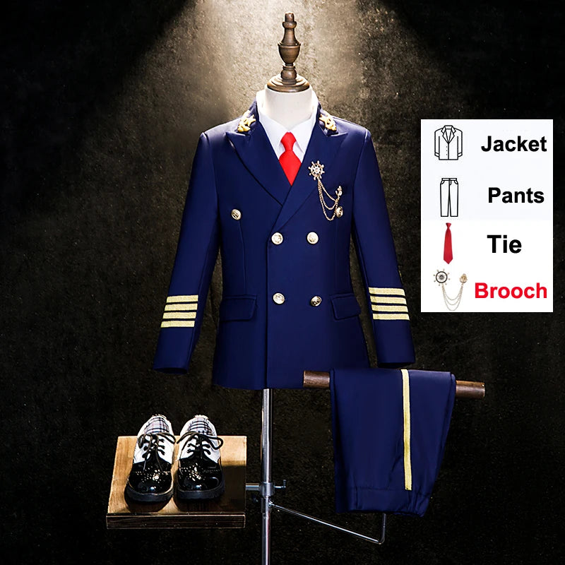 Children's Captain Air Junior Uniform Suit - Boys' Catwalk Fashion Performance Costume with Jacket, Pants & Tie jacket pants