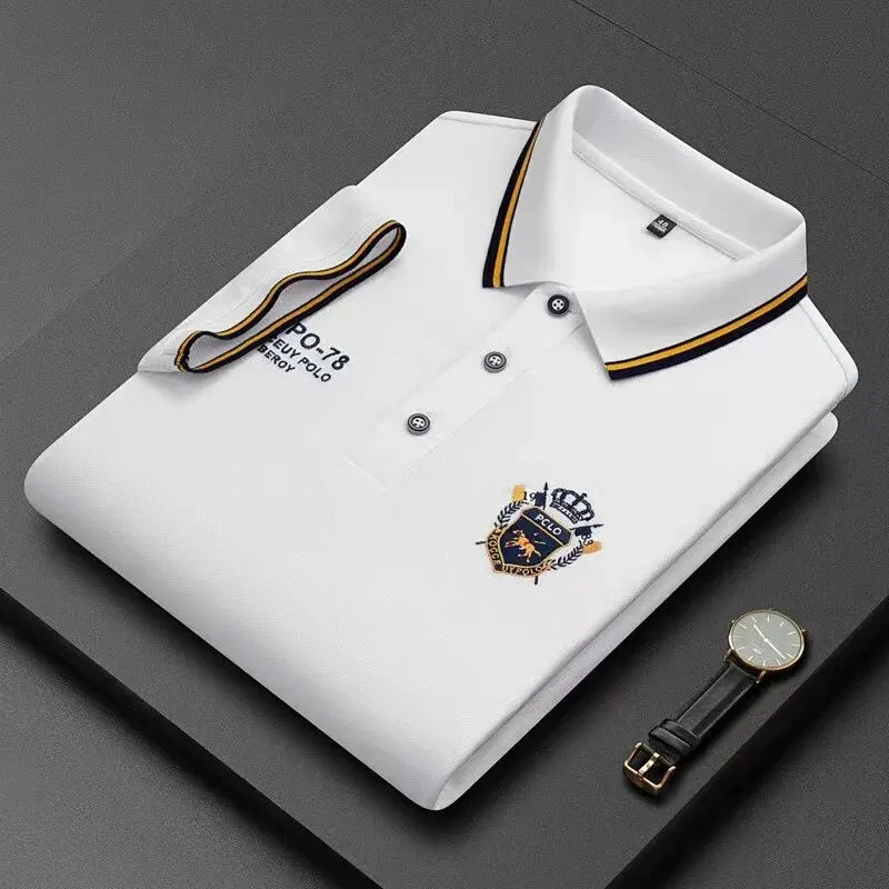 Men's Summer New Fashion Breathable Embroidery Solid Colour Lapel Short-Sleeved Polo Shirt Light Luxury Business High-End Tops White