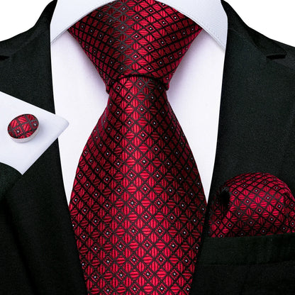 Luxury Red Plaid Silk Tie Set for Men | Business & Wedding Accessories with Handkerchief & Cufflinks | DiBanGu Designer Collection N-0704