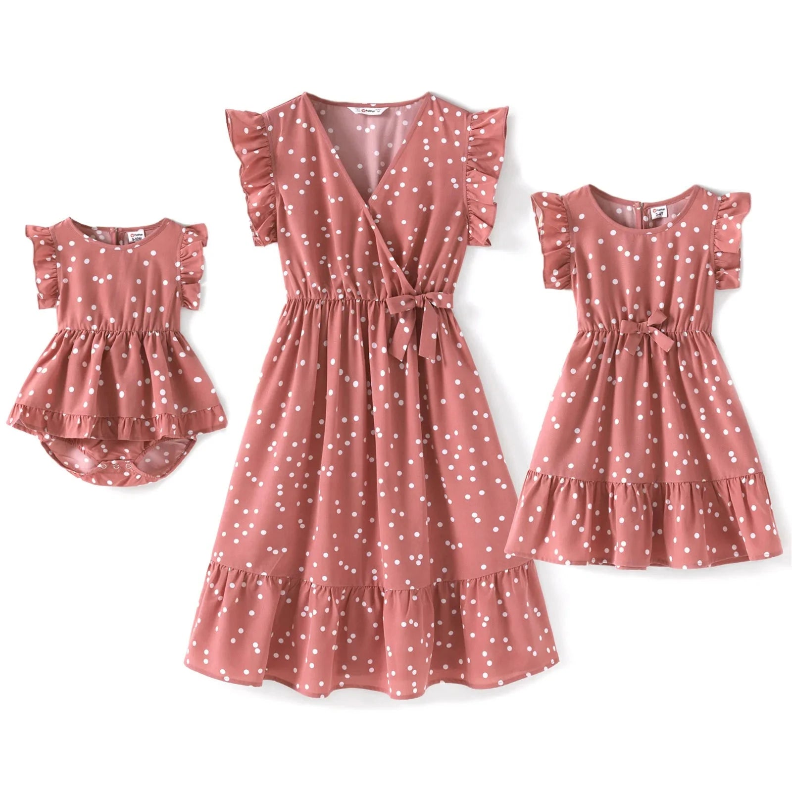 PatPat Family Matching Mother-Daughter Dresses – All Over Dots Pink Cross Wrap V-Neck Ruffle Flutter-Sleeve