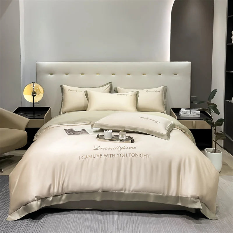 Fashion silk bed cover set for all seasons, queen size. Beige silver 200*230cm