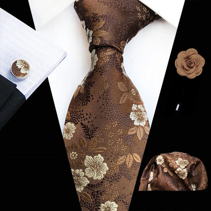 Floral Pink Silk Tie Set for Men – Wedding & Party Neck Tie with Handkerchief, Brooch, and Cufflinks TZ-MF09-2