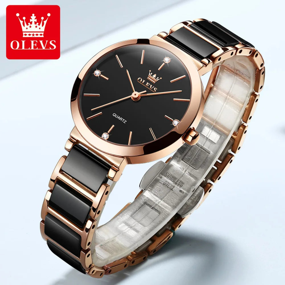 OLEVS Rose Gold Square Women's Watch | Luxury Quartz Wrist Watch, Ceramic Band, Water Resistant