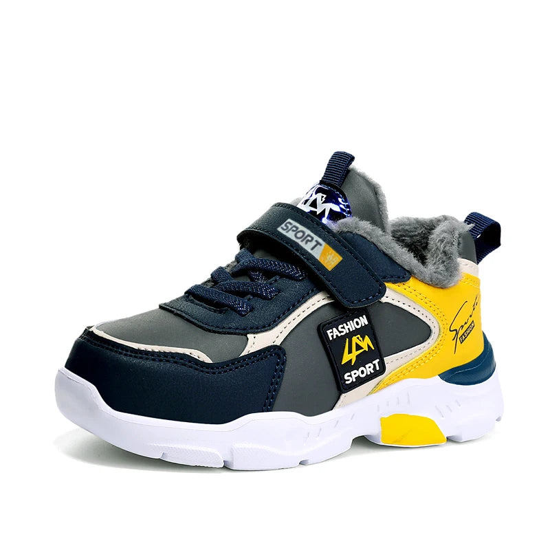 Outdoor Kid Running Shoes Sport Children's Boy Winter Plus Warm Sneakers Waterproof Leather Girl Casual Trekking Shoes Gray Yellow(Cotton)