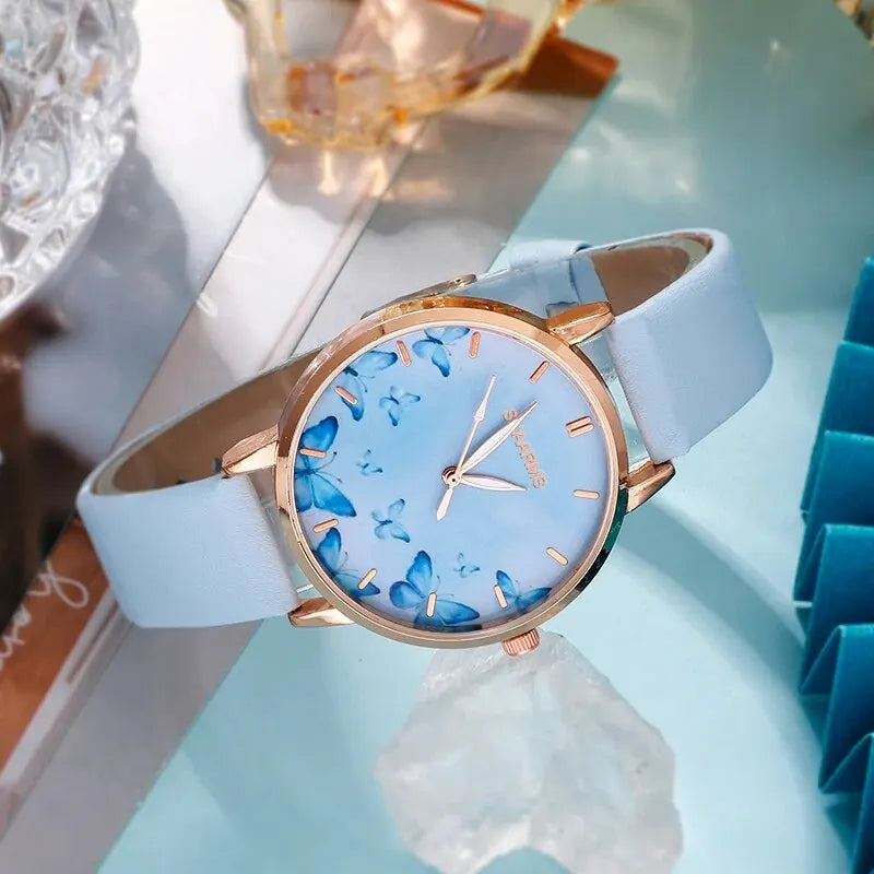 5-Piece Set: Creative Butterfly Dial Women's Quartz Watch | Leather Strap Wristwatch with Bracelet, Necklace & Earrings