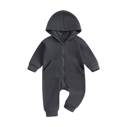 2023-10-04 Lioraitiin 0-18M Newborn Baby Boy Infant Romper Boho Long Sleeve Hooded Jumpsuit Outfits Solid Color Warm Sweatshirts GRAY