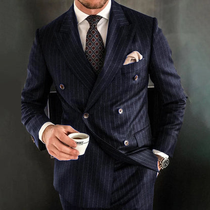 Trendy Navy Blue Striped Men's Suit – Peak Lapel Double-Breasted Blazer & Pants Set