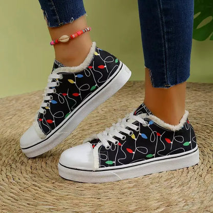 Women's Spring Cartoon Graffiti Casual Canvas Shoes - Fashion Lace-Up Round Toe Lightweight Sneakers Black