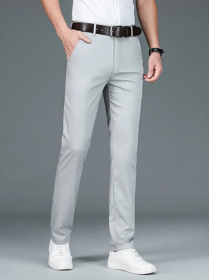 High Quality Luxury Straight Business Suit Pants Men Bamboo Fiber Designer Spring Summer Elegant Casual Long Formal Trouser Male Light gray