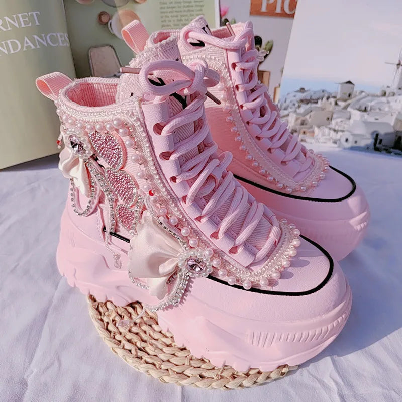 Sweet Pink Casual High Platform Sneakers for Women | Lace-Up Ankle Booties with Pearls & Rhinestones | Thick Bottom Ladies Casual Shoes as photo CHINA