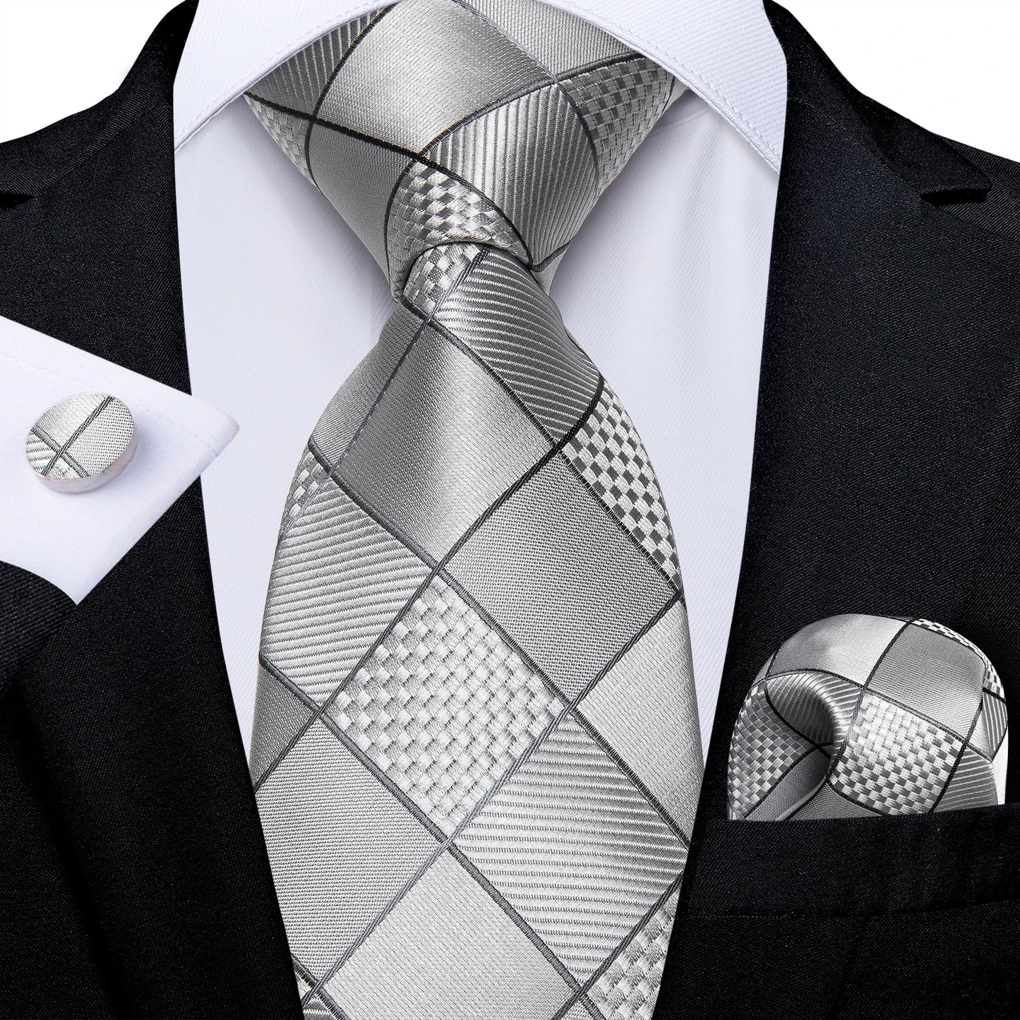 DiBanGu Mens Necktie Silver Gray Striped Design Silk Wedding Tie For Men Tie Hanky Cufflink Tie Set Business Party Dropshipping MJ-7499