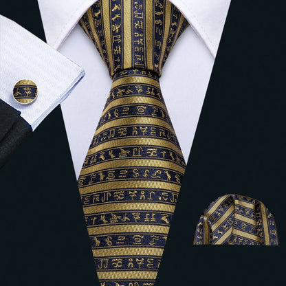 Men's Navy Gold Dinosaur Pattern Necktie Set | 8.5cm Silk Tie for Wedding & Business | Barry.Wang FA-5191 FA-5173