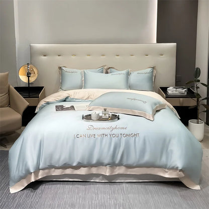 Fashion silk bed cover set for all seasons, queen size. Skyblue White 200*230cm