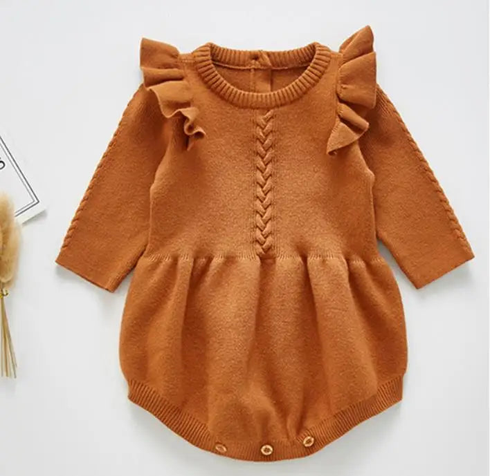 Spring Baby Clothes Girls Romper Autumn Long Sleeve Baby Girl Knit Hollow Out Rompers Baby Jumpsuit Baby Clothes B93H36 Brown