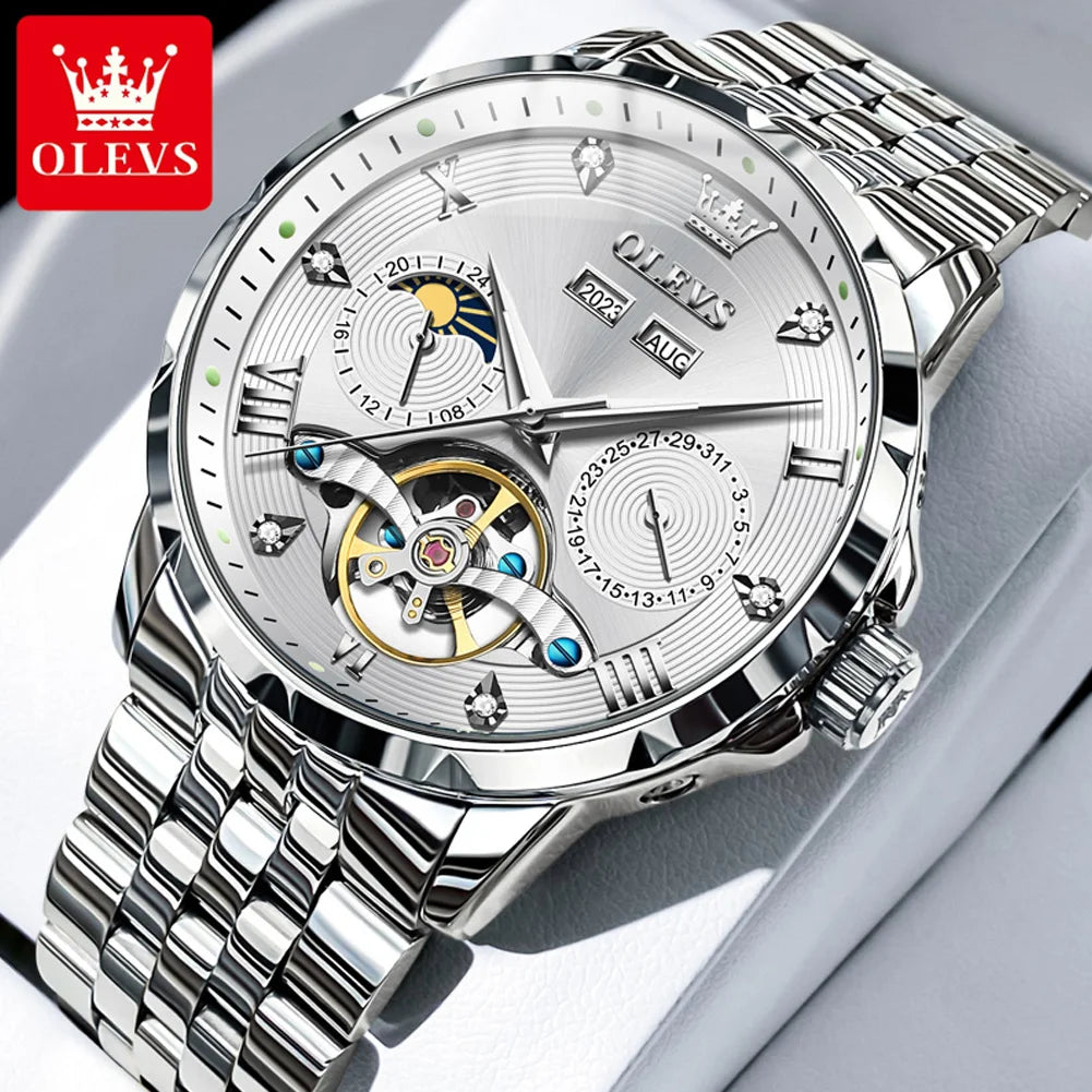 OLEVS 6691 Men's Luxury Automatic Mechanical Watch | Multi-Function Flywheel & Moon Phase | 3Bar Waterproof