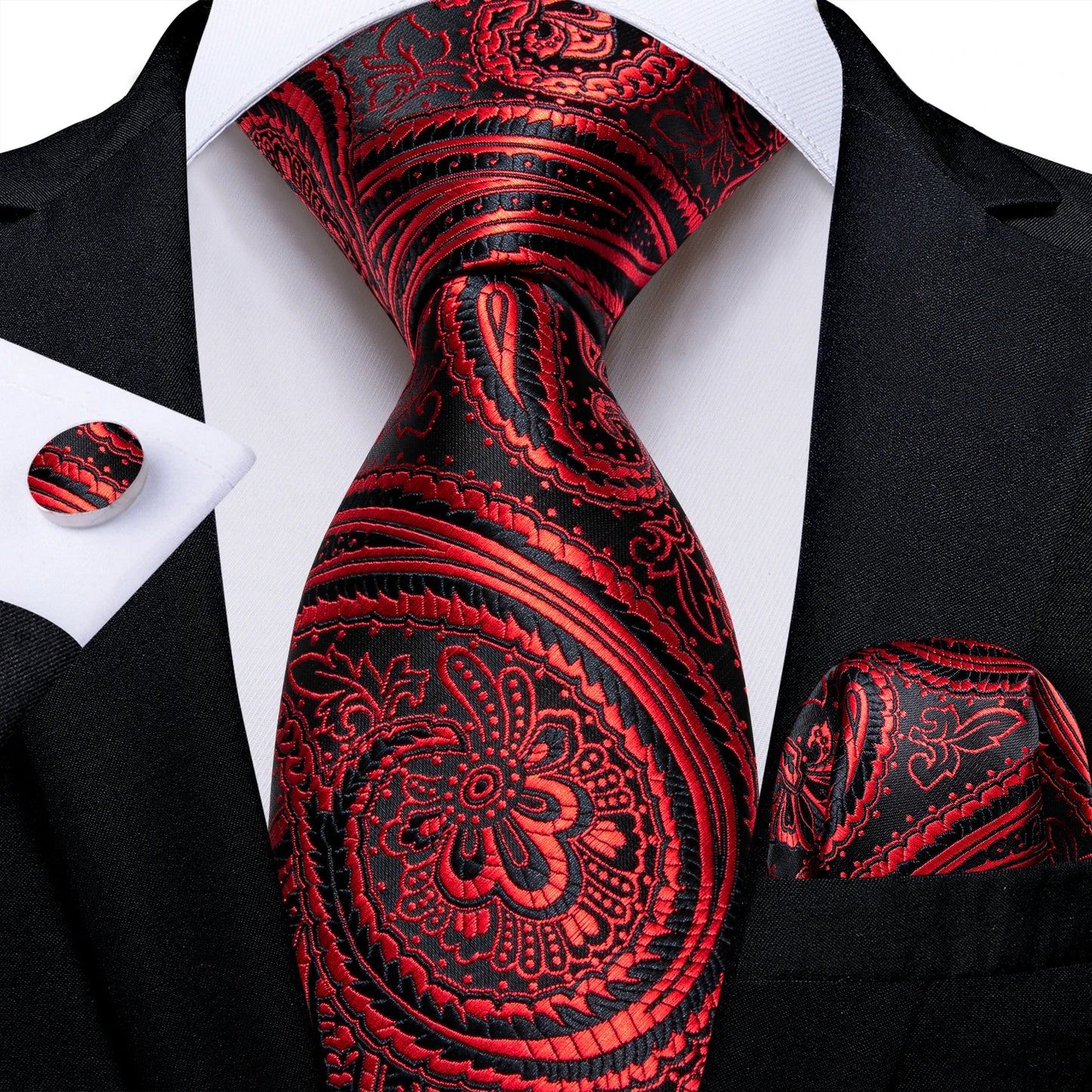 Luxury Red Plaid Silk Tie Set for Men | Business & Wedding Accessories with Handkerchief & Cufflinks | DiBanGu Designer Collection N-7692