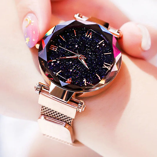 Women's Fashion Starry Sky Watch | Diamond Quartz Dress Watch with Magnet Buckle Mesh Belt