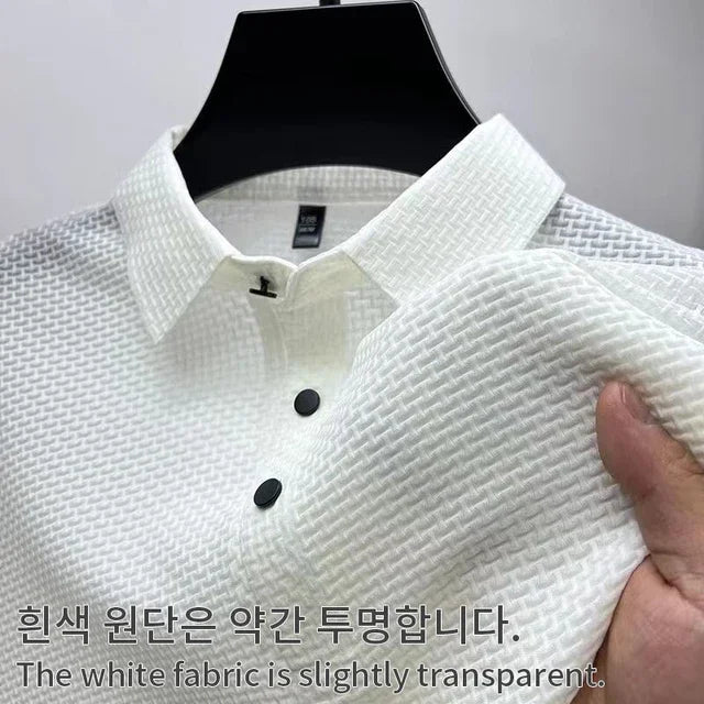 High End Embroidered Silk Knitted Hollow Polo Shirt for Men's Summer Korean Fashion Business Casual Breathable Short Sleeved Top 6