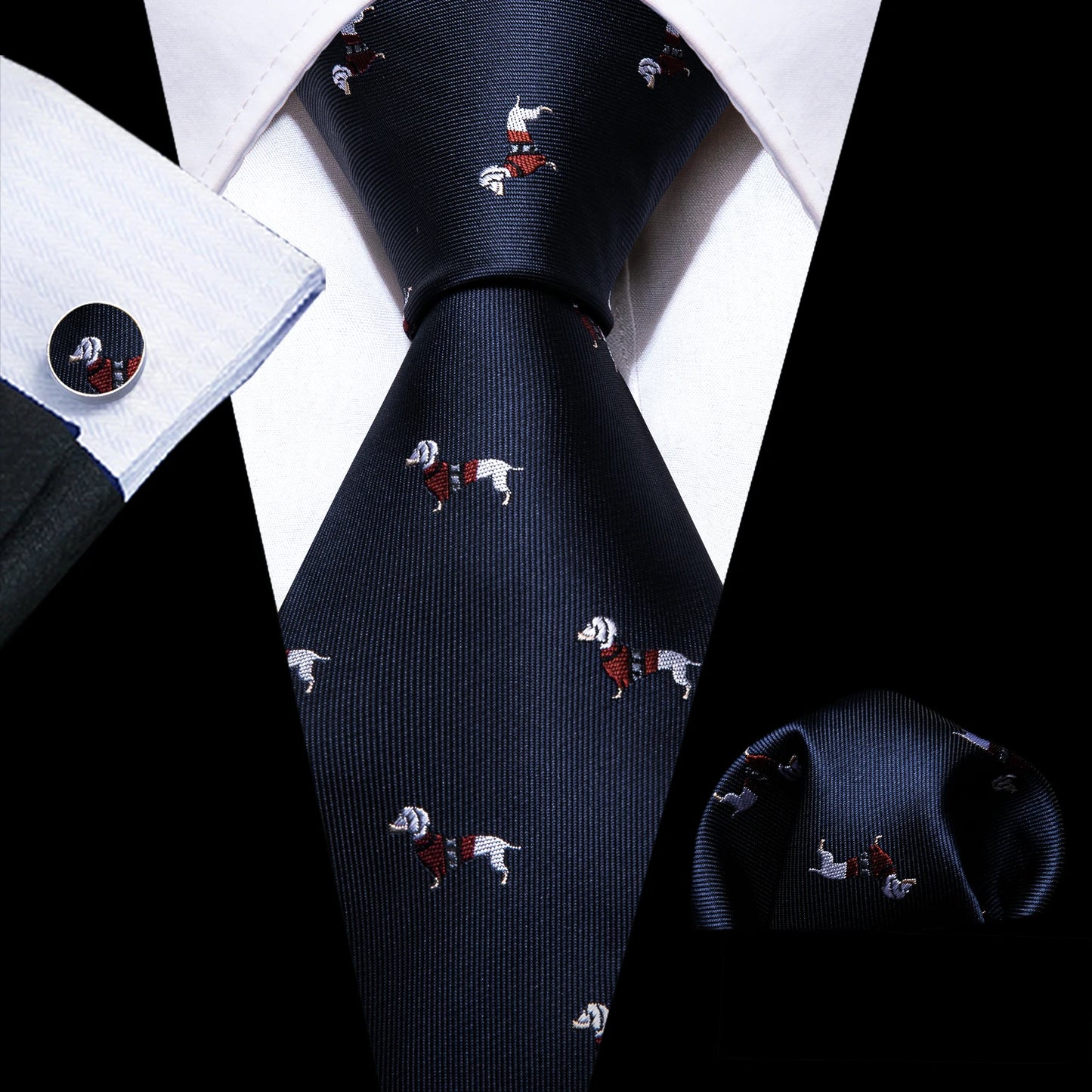 Men's Navy Gold Dinosaur Pattern Necktie Set | 8.5cm Silk Tie for Wedding & Business | Barry.Wang FA-5191 FA-5893