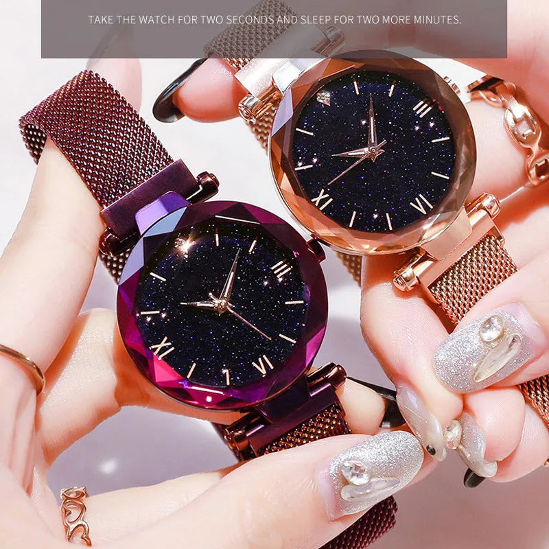 Women's Fashion Starry Sky Watch | Diamond Quartz Dress Watch with Magnet Buckle Mesh Belt