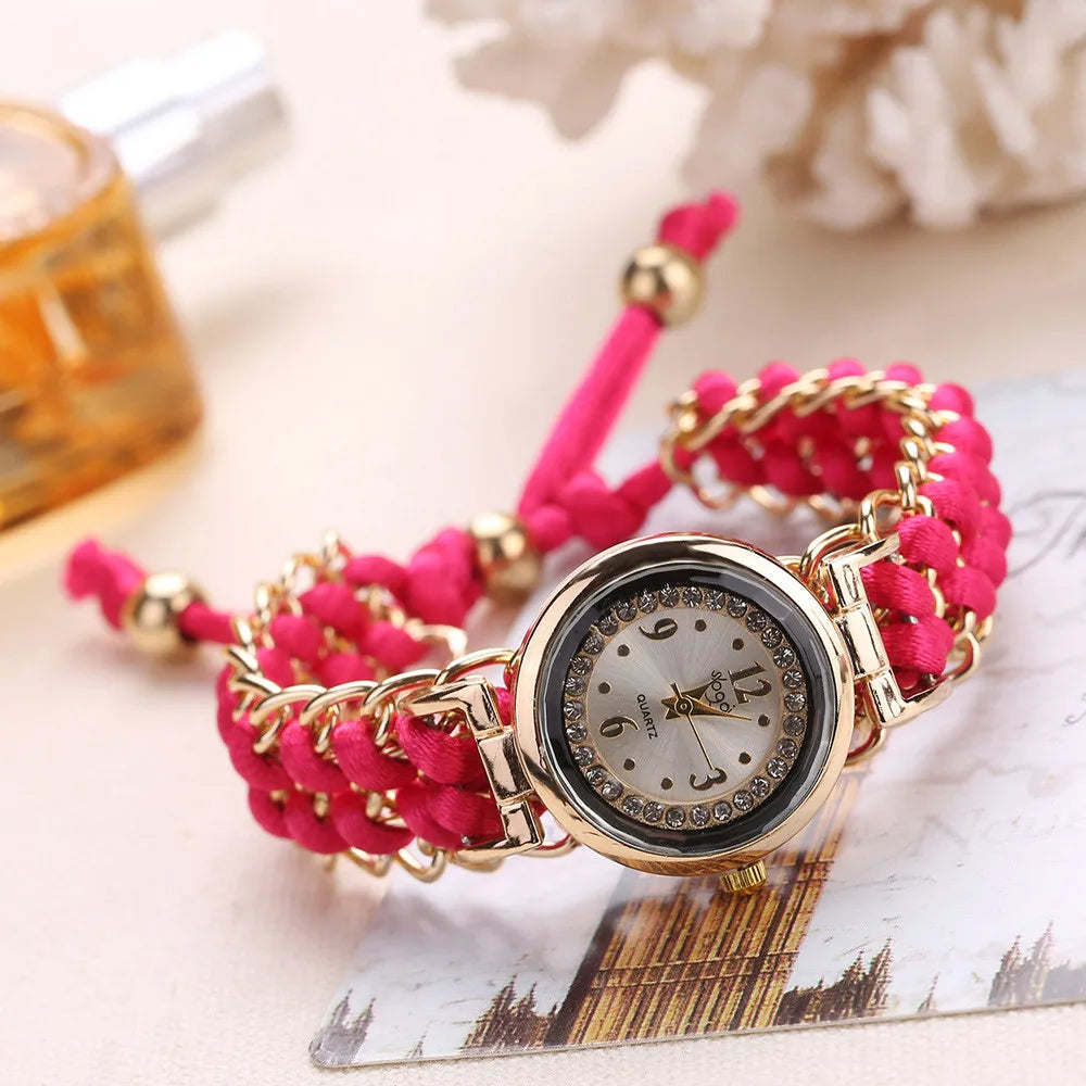 Women’s Knitting Rope Chain Quartz Wristwatch | Fashionable Simple Analog Watch with Sapphire Crystal Hot pink CHINA