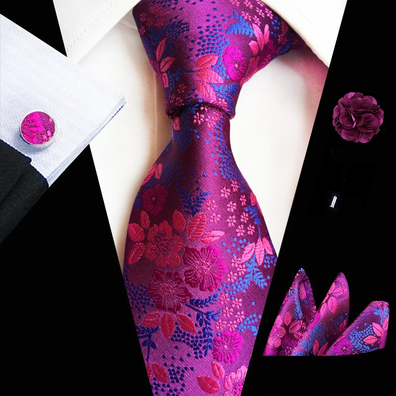 Floral Pink Silk Tie Set for Men – Wedding & Party Neck Tie with Handkerchief, Brooch, and Cufflinks