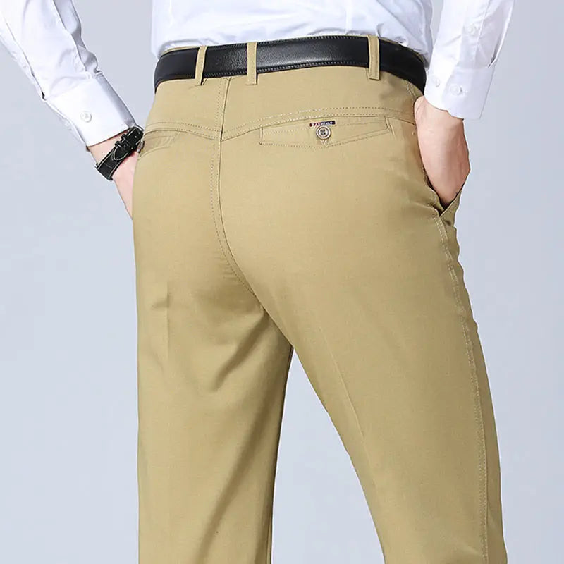 Summer Thin Pants Men's 100% Cotton Autumn Thick Trousers Fashion Brand Cargo Pants Smart Casual Solid Khaki Gray Suit Pant Khaki-Thin