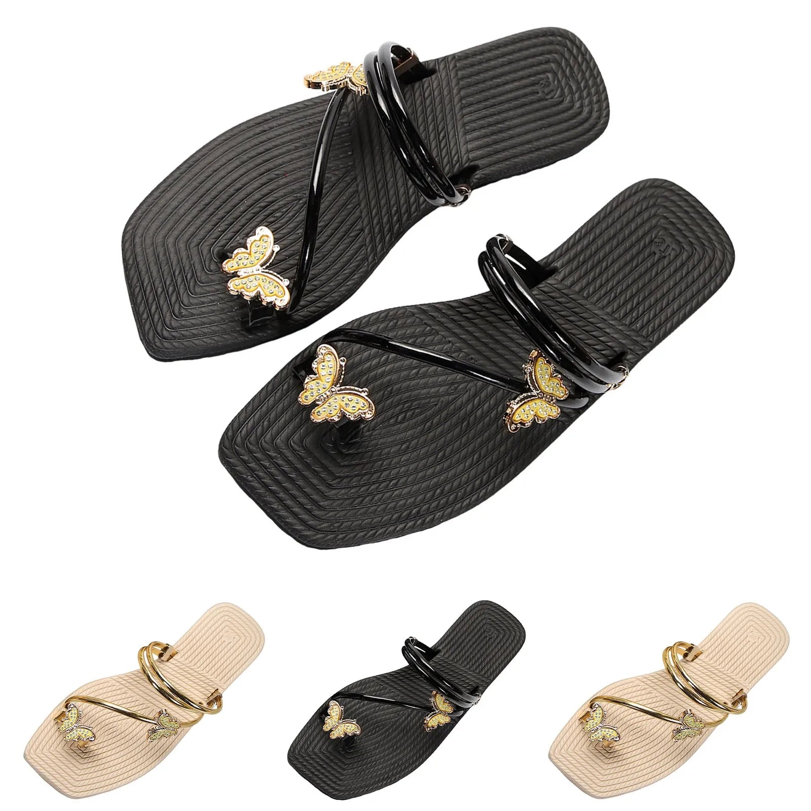 2024 Trend Butterfly Sandals Metal Strap Chunky Heel Beach Shoes