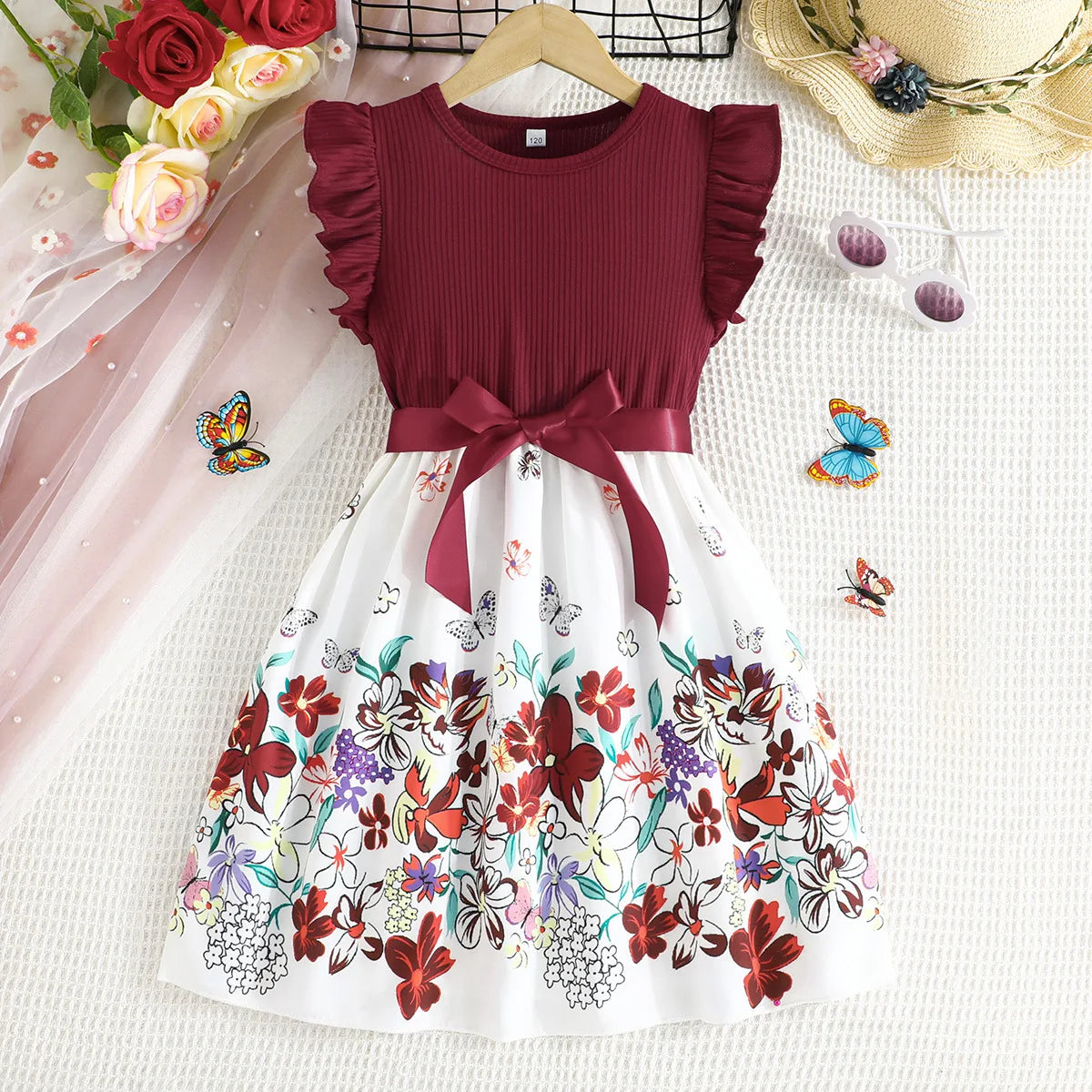 Summer Girls Floral Patchwork Dress | Fashionable Kids Ruffle Sleeveless Princess Dress with Belt Style 06