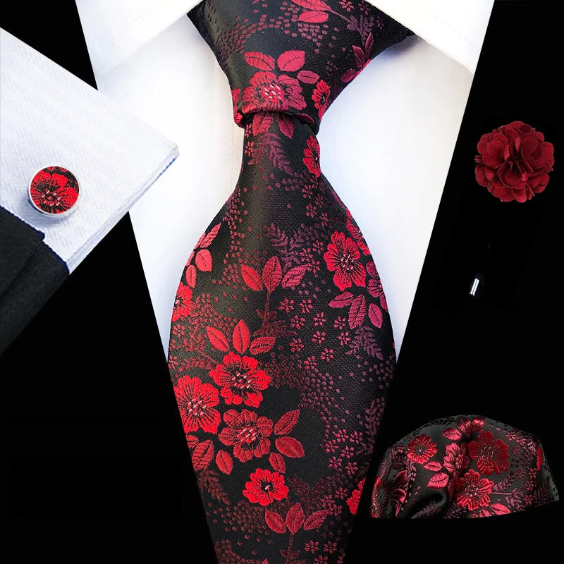 Floral Pink Silk Tie Set for Men – Wedding & Party Neck Tie with Handkerchief, Brooch, and Cufflinks TZ-MF18