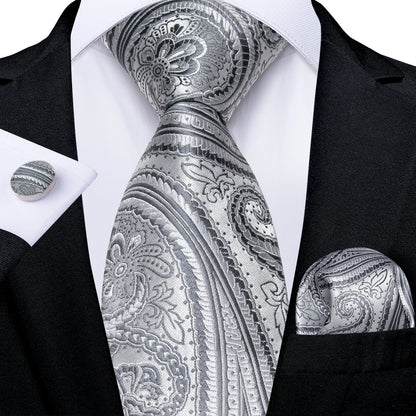 DiBanGu Mens Necktie Silver Gray Striped Design Silk Wedding Tie For Men Tie Hanky Cufflink Tie Set Business Party Dropshipping MJ-7685