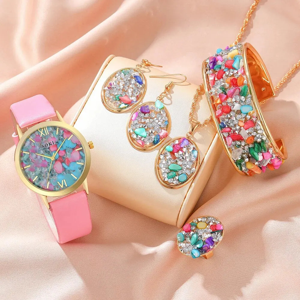 6PCS Luxury Women’s Watch Set with Ring, Necklace, Earrings, and Bracelet - Rhinestone Fashion