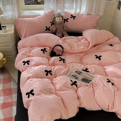 Pink Princess Bedding Set Duvet Cover Flat Sheet Solid Color Girls Washed Cotton Bed Linens pink black Flat Bed Sheet