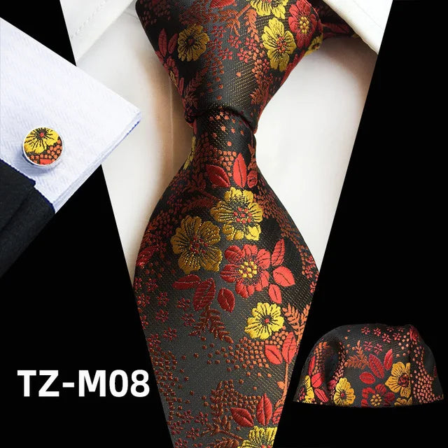 Floral Pink Silk Tie Set for Men – Wedding & Party Neck Tie with Handkerchief, Brooch, and Cufflinks TZ-M08