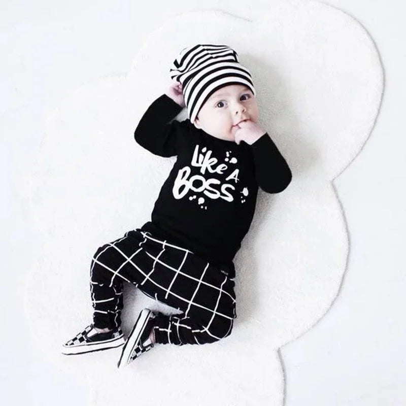 New Spring Autumn Toddler Baby Boy Outfit Clothes Set Fashion Letters Printed T-shirt Top and Plaid Pants 2pcs Newborn Clothing