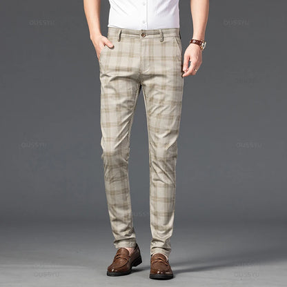 Brand Men's Stripe Plaid Casual Pants Men Four Seasons High Quality Business Trousers Men's Slim Dark gray Straight Pant Light Khaki