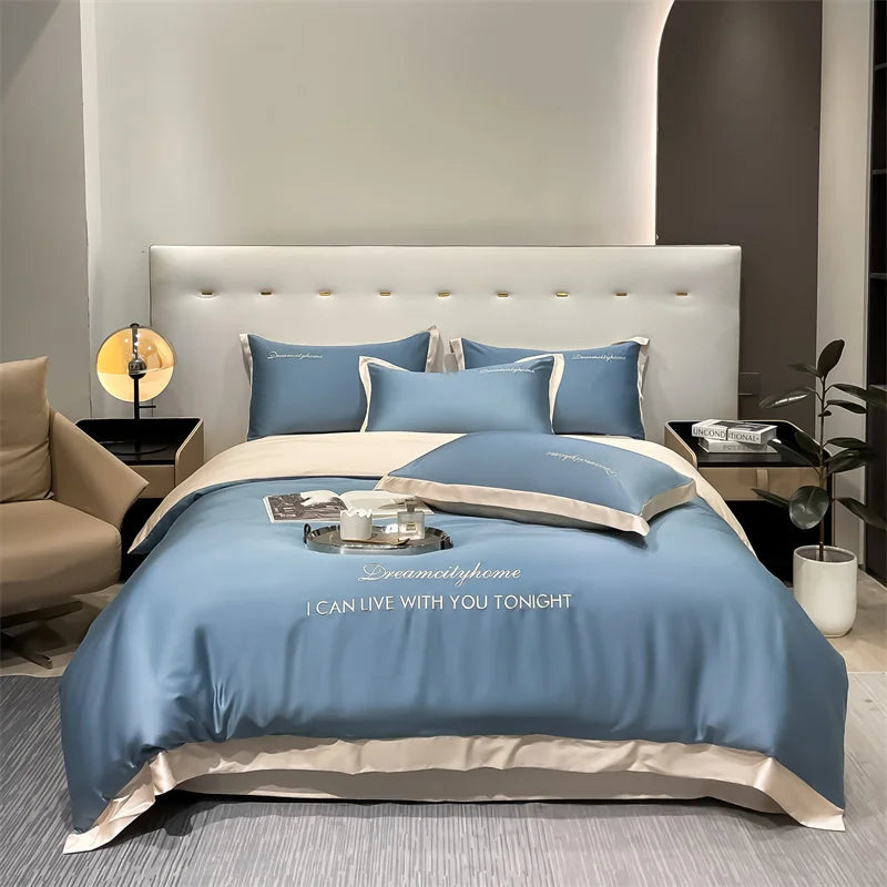 Fashion silk bed cover set for all seasons, queen size. Blue Beige 200*230cm