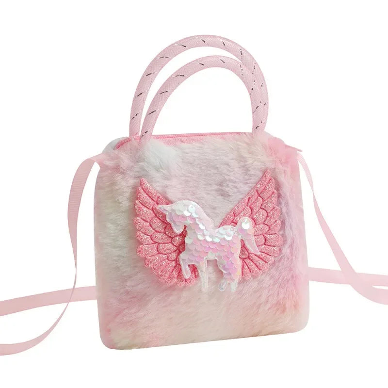 Unicorn Cartoon Plush Shoulder Bag for Kids Crossbody Bag for Kindergarten Girls Portable Outdoor Small Square Coin Bag Wallet