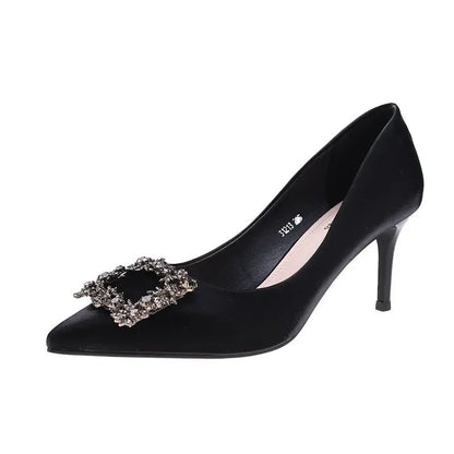 Women's Mid-Heeled Sandals - Black Square Buckle, Pointed Toe, Thin Heel for Banquets & Formal Events 5CM