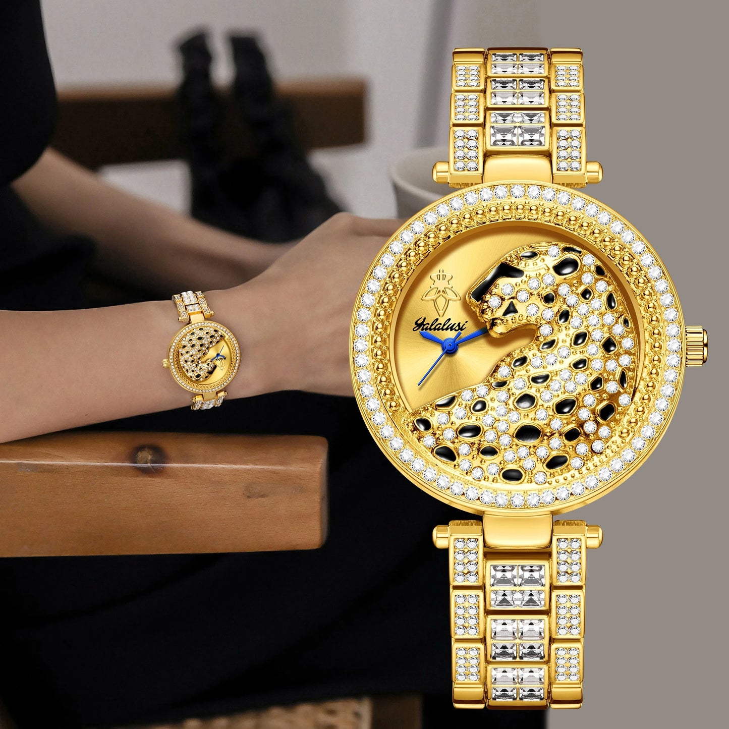 Yalalusi 2024 Women’s Luxury Watch – Gold with Crystal Diamonds & Leopard Box – Real Gold Plating & Watch Remover – Elegant Gift for Her