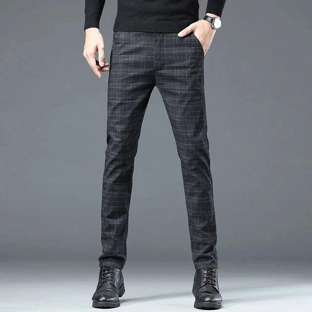 Spring Autumn Korea Business Men Pants Cotton Comfortable Elastic Plaid Casual Fashion Trousers Male Suit Pant 1950 Black