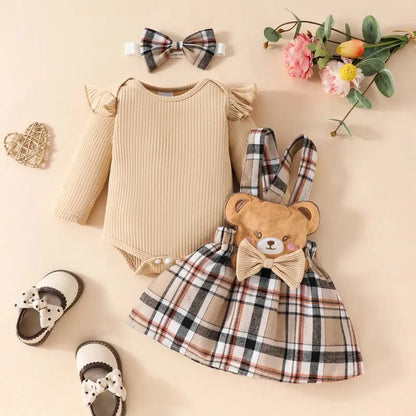 Newborn Baby Set Baby Girl 3-Piece 0 To 18 Months Long Sleeve Onesies Bear Plaid Skirt Outfits Autumn Baby Girl Clothes Romperbo Khaki